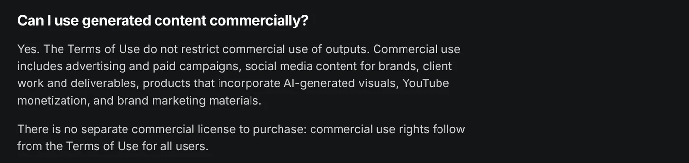 Higgsfield help center section answering whether generated content can be used commercially