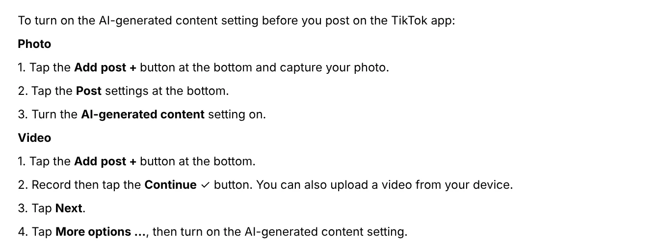 The How to apply the Creator labeled as AI-generated label section on TikTok Support: turn on the AI-generated content setting before posting
