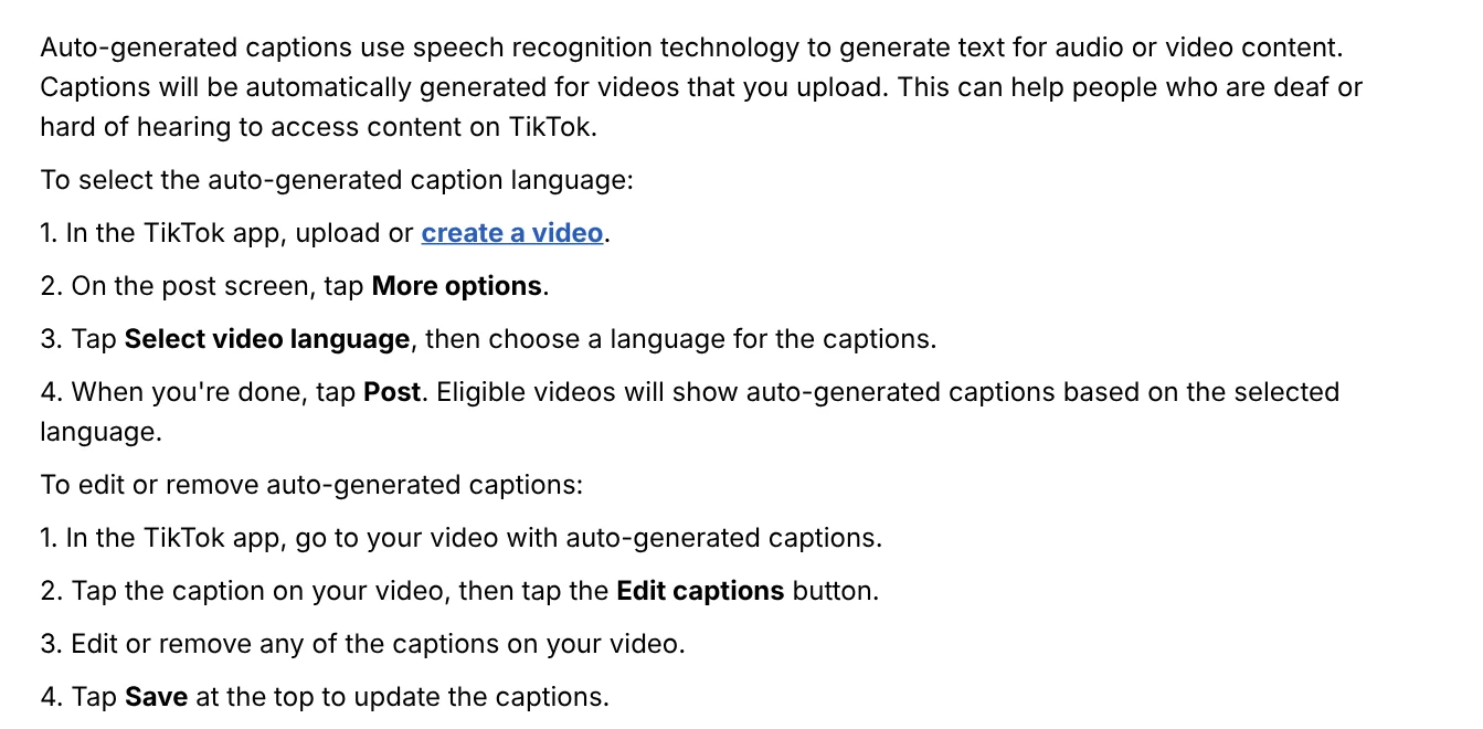 The Auto-generated captions section on TikTok Support: choose the caption language and edit or remove each caption line