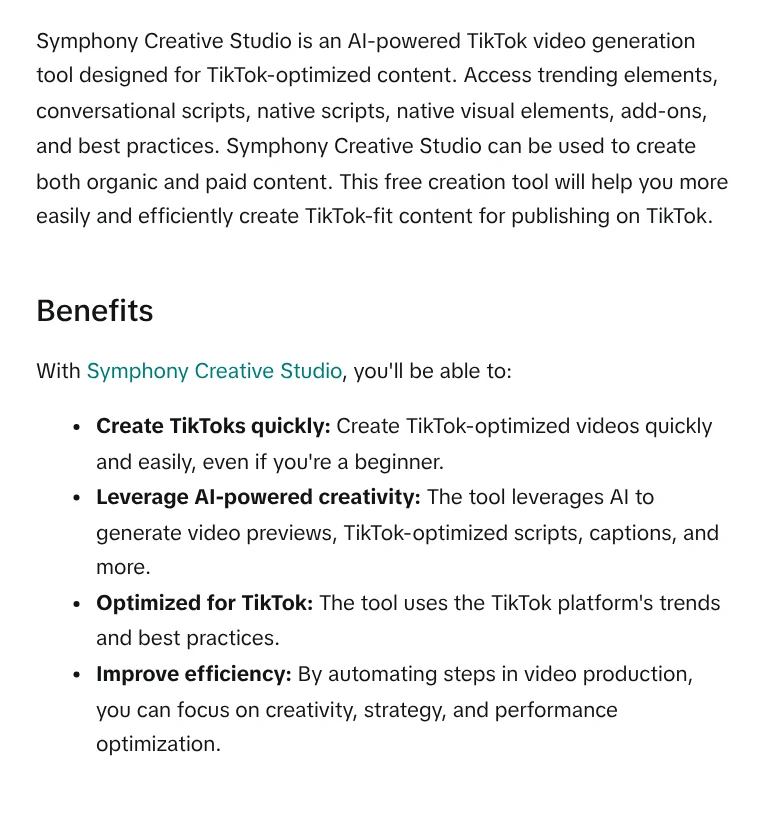 TikTok's About Symphony Creative Studio page: a free AI video tool for organic content and ads