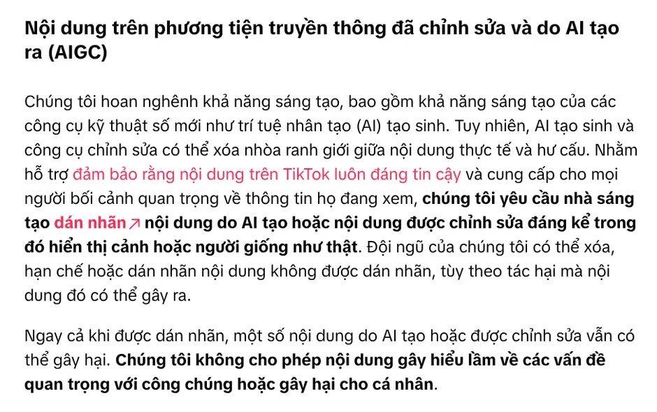The Edited Media and AI-Generated Content section of TikTok's Community Guidelines, requiring labels on realistic AI content