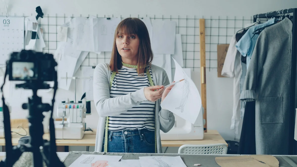 A woman standing in a sewing workshop holding a fabric sample and explaining it to a camera on a tripod