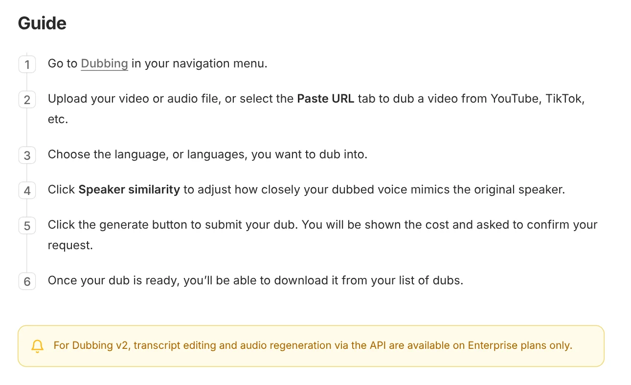 Dubbing steps in the ElevenLabs docs, from uploading a video and choosing languages to adjusting Speaker similarity and downloading the dub