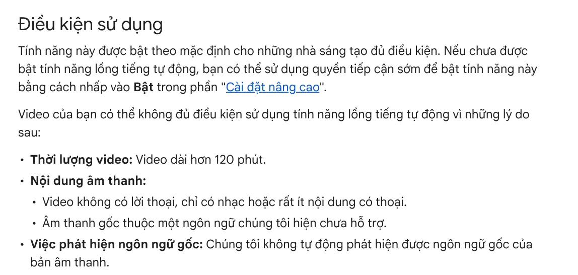 The eligibility section for YouTube automatic dubbing, listing reasons a video may not qualify, such as being longer than 120 minutes or having little speech
