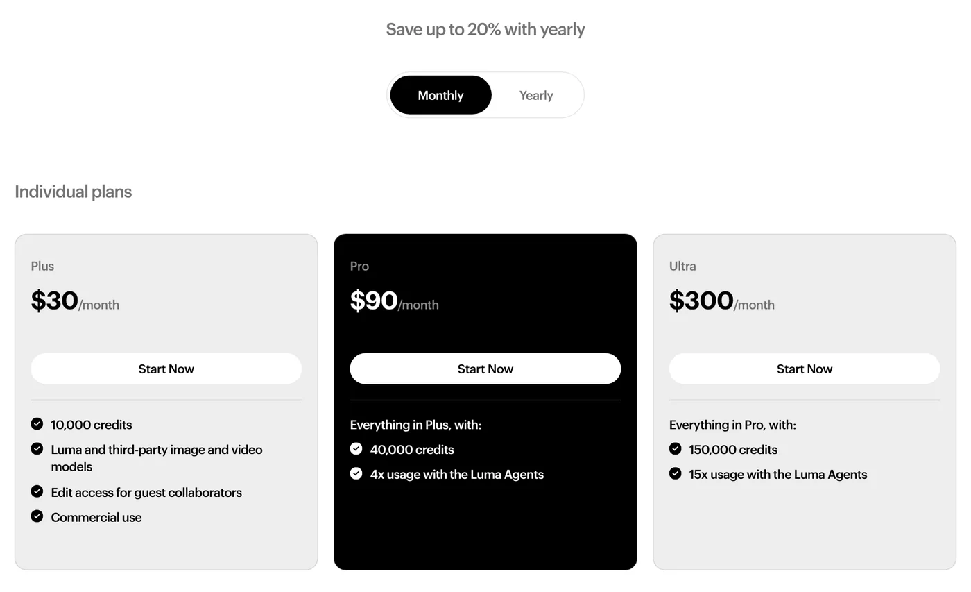 Luma AI pricing for three individual plans: Plus $30, Pro $90, Ultra $300 per month with credit amounts
