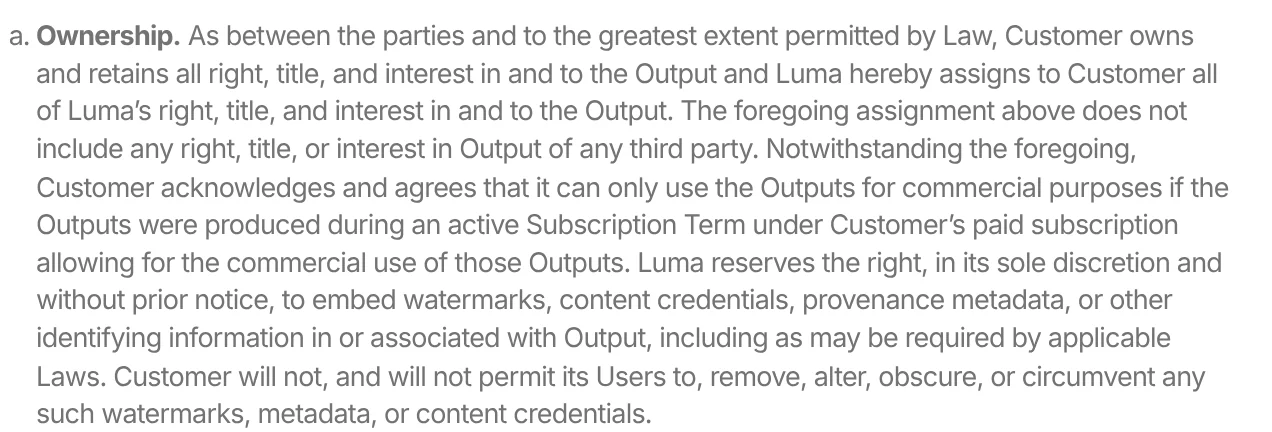 Luma terms on output ownership, the condition for commercial use, and the right to embed watermarks