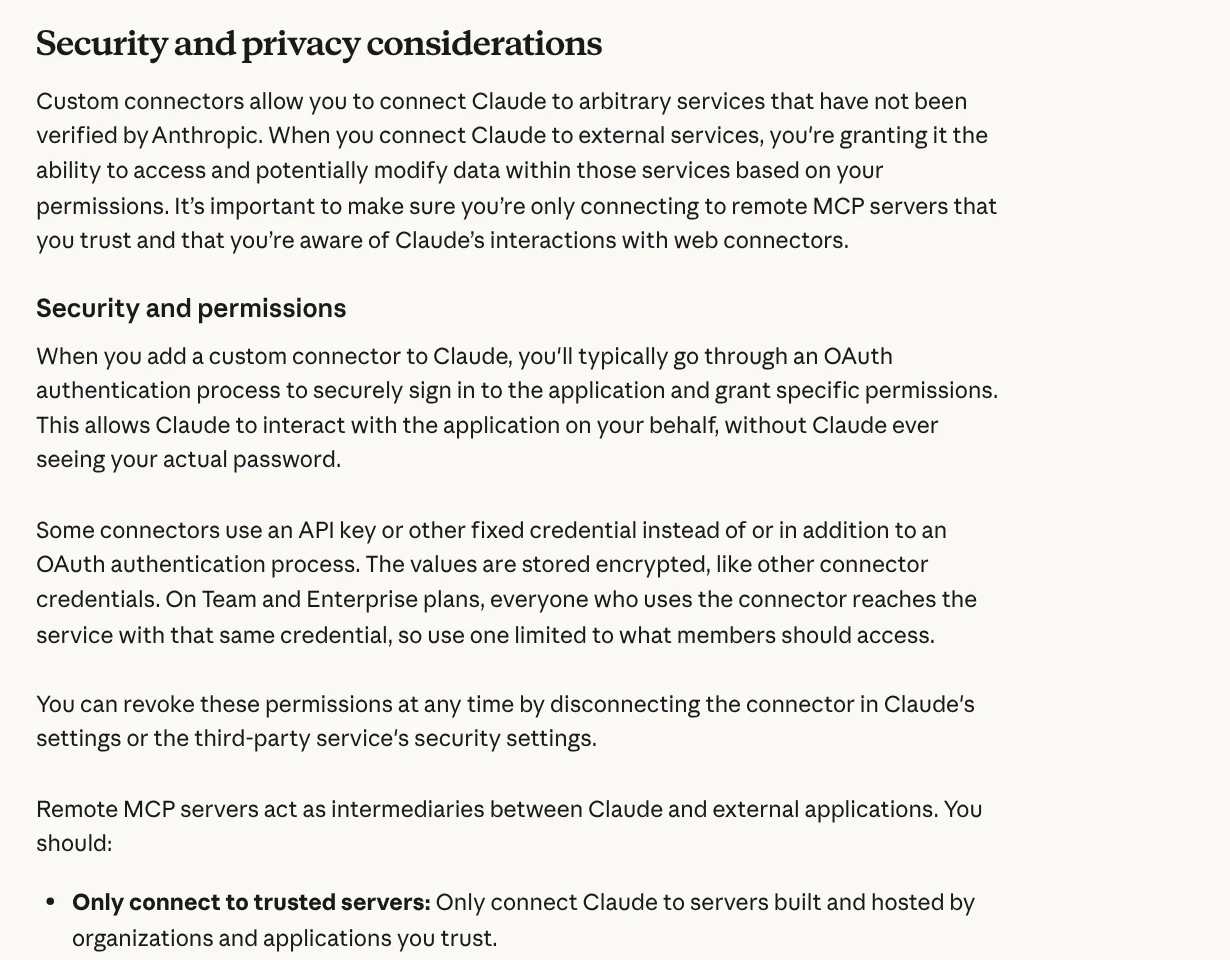 The Security and privacy considerations section of the Claude Help Center page on remote MCP custom connectors