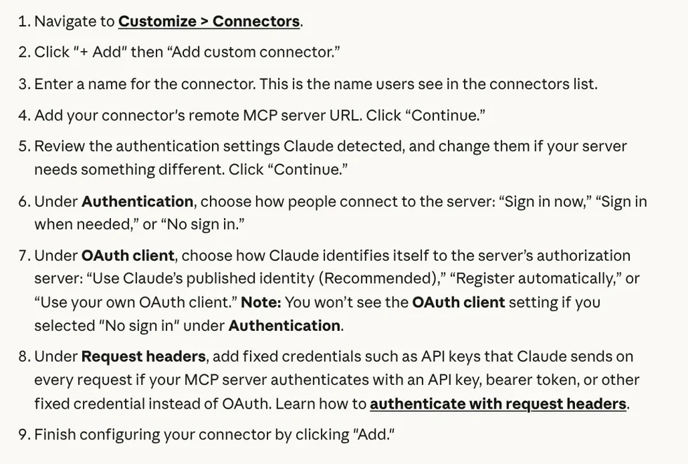 Steps to add a custom MCP connector on the Pro and Max plans, from the Claude Help Center