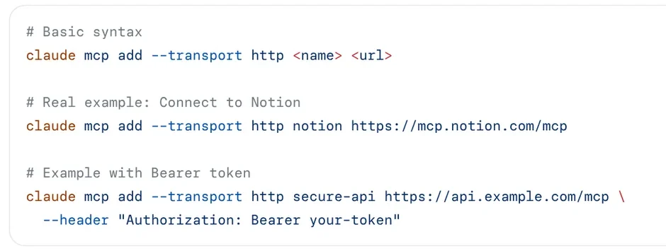 The claude mcp add --transport http command in the Claude Code docs, with a Notion example and an example using a Bearer token
