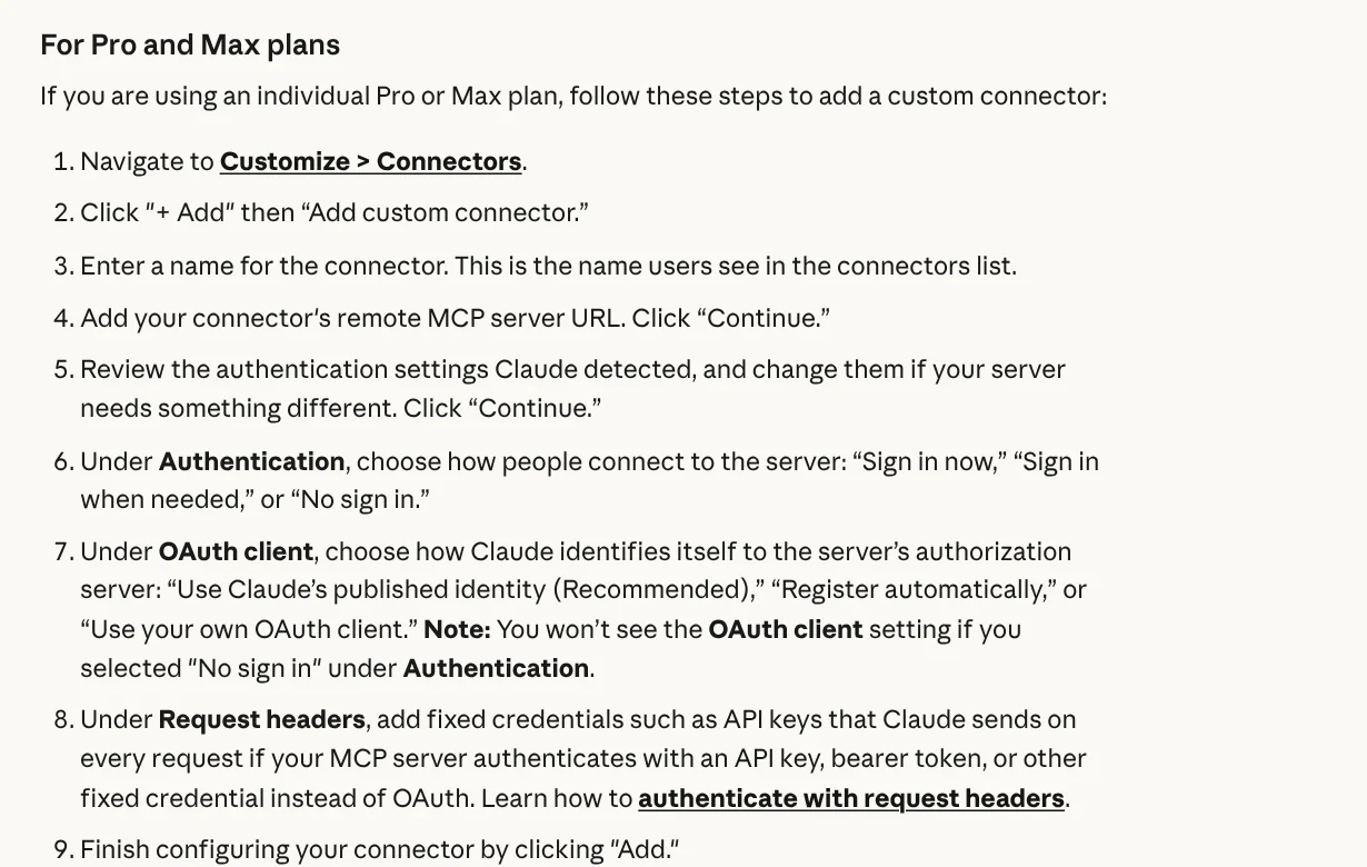 The For Pro and Max plans section of the Claude Help Center: steps to add a custom connector with a remote MCP server URL