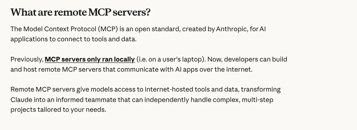 The What are remote MCP servers section of the Claude Help Center: MCP is an open standard created by Anthropic, and remote MCP servers run over the internet
