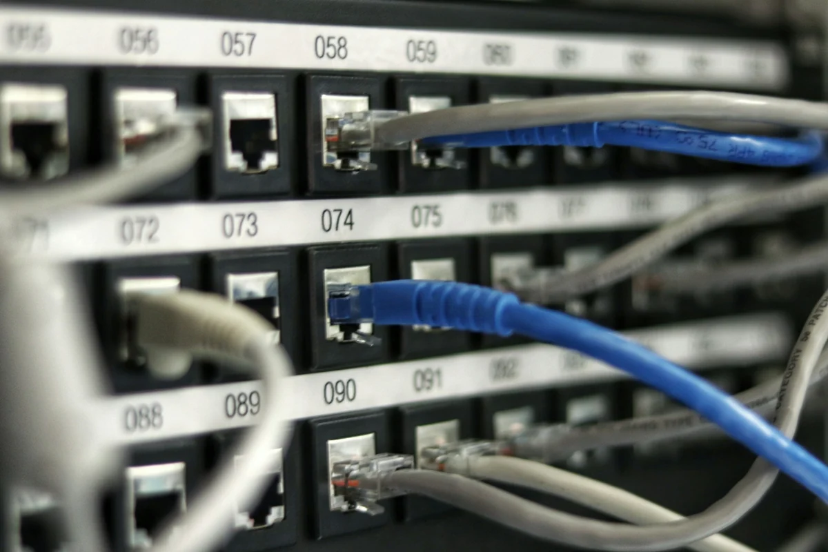 Close-up of a numbered network patch panel, each port holding its own blue or gray cable