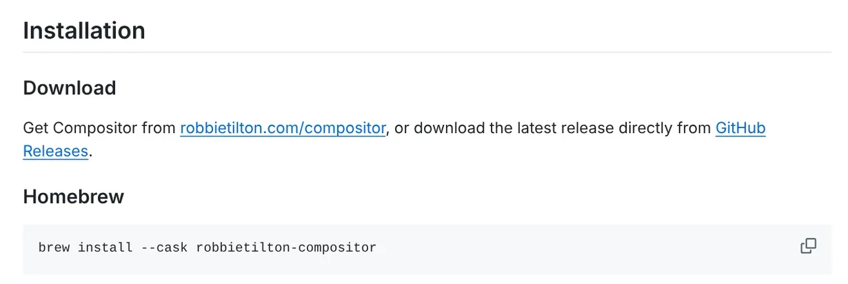 The Installation section of the Compositor README with download links and the brew install cask command