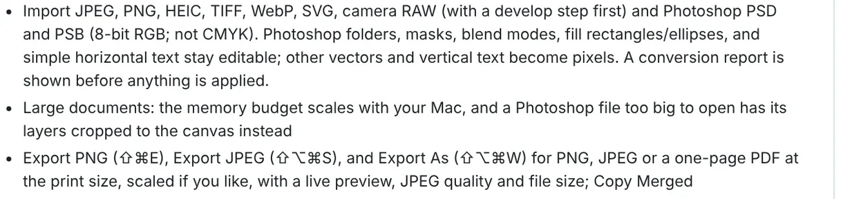 The Canvas and files section of the Compositor README noting 8-bit RGB PSD and PSB import and no CMYK support