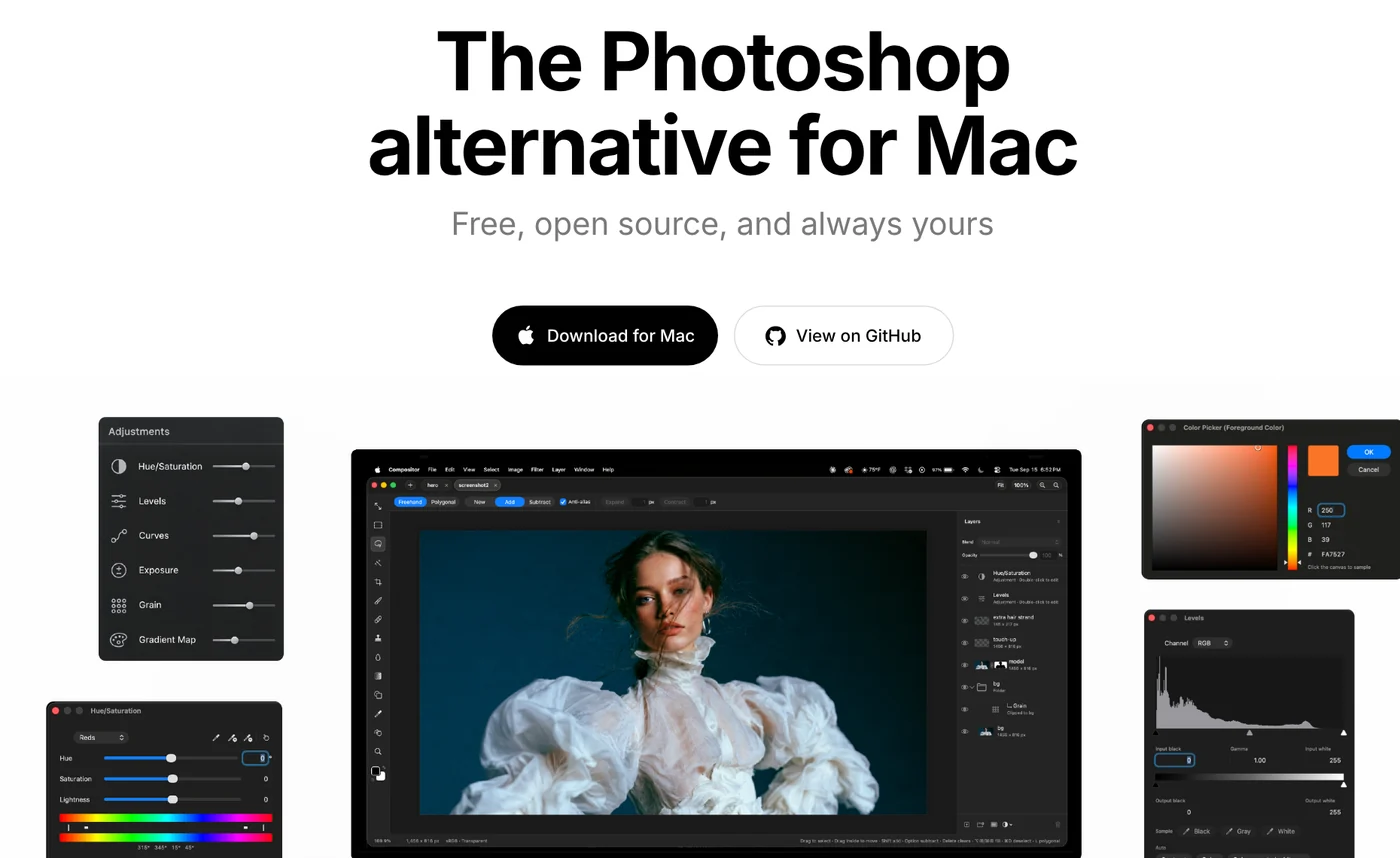The Compositor home page with the line The Photoshop alternative for Mac and a Mac screen running the app