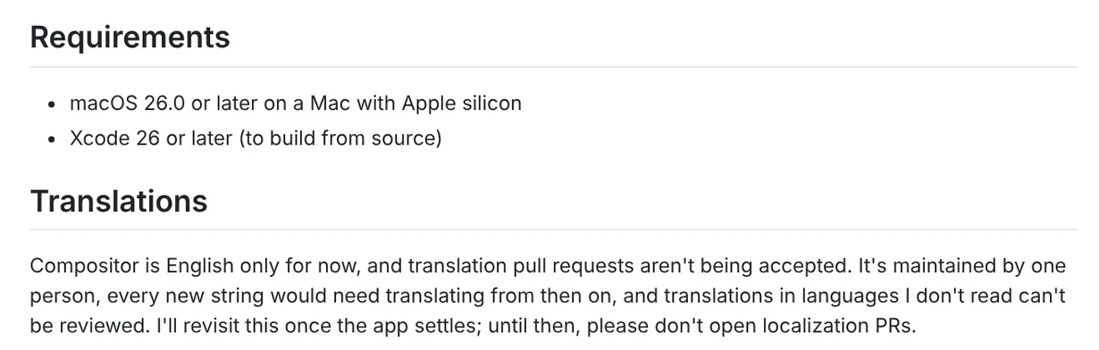 The Requirements section of the Compositor README listing macOS 26.0 or later and an Apple silicon Mac