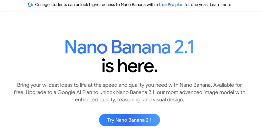 The Nano Banana page on gemini.google with a Try Nano Banana 2.1 button to create images in Gemini
