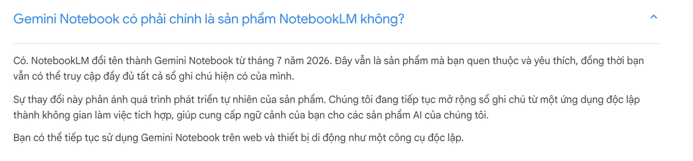 FAQ on the Gemini Notebook page confirming that NotebookLM was renamed Gemini Notebook in July 2026