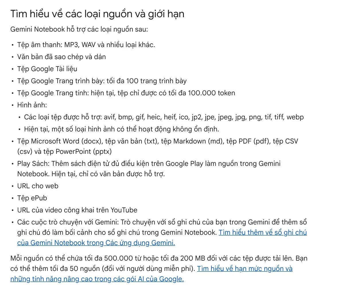 The source types and limits section of Gemini Notebook Help, listing PDF, Google Docs, YouTube, and up to 500,000 words per source