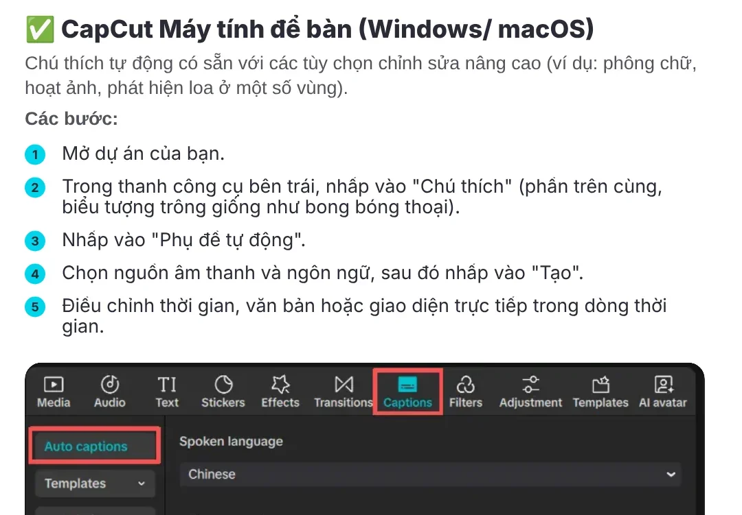 CapCut help page, CapCut Desktop section: click Captions, Auto captions, choose the audio source and language, then Generate, with an interface image showing the Captions tab, the Auto captions button and the Spoken language box