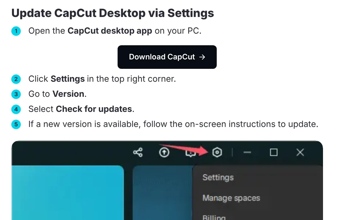 CapCut help page on updating CapCut Desktop: open Settings in the top right corner, go to Version, select Check for updates