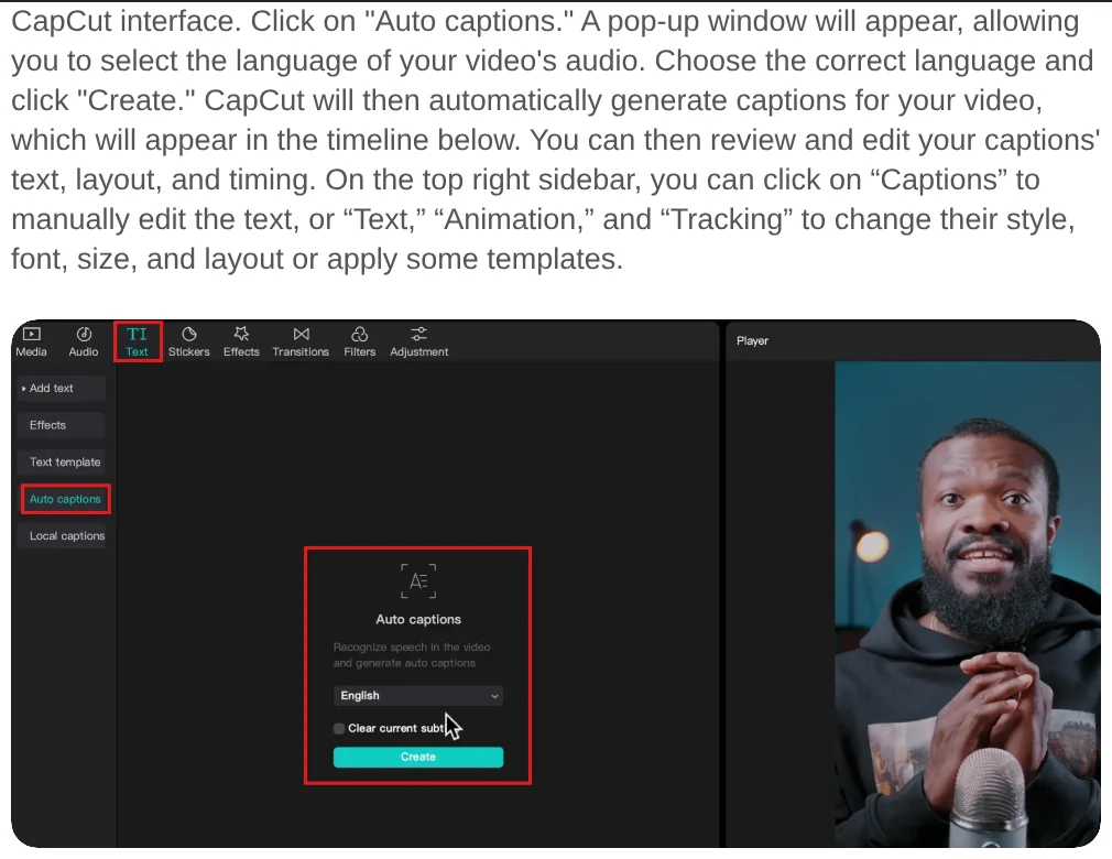 CapCut guide: after generating captions, edit text in Captions and change the style in Text, Animation and Tracking, with an image of the Auto captions box on desktop
