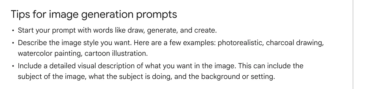 Tips for image generation prompts section on the Gemini Apps Help page: start with a verb, describe the style, give a detailed description of the subject and setting