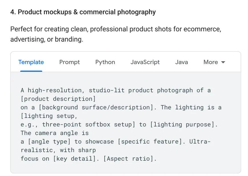Product mockups & commercial photography section in Google's image prompting guide: a template for a studio product photo