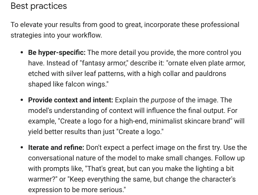 Best practices section in Google's image generation guide: be hyper-specific, provide context and intent, iterate and refine