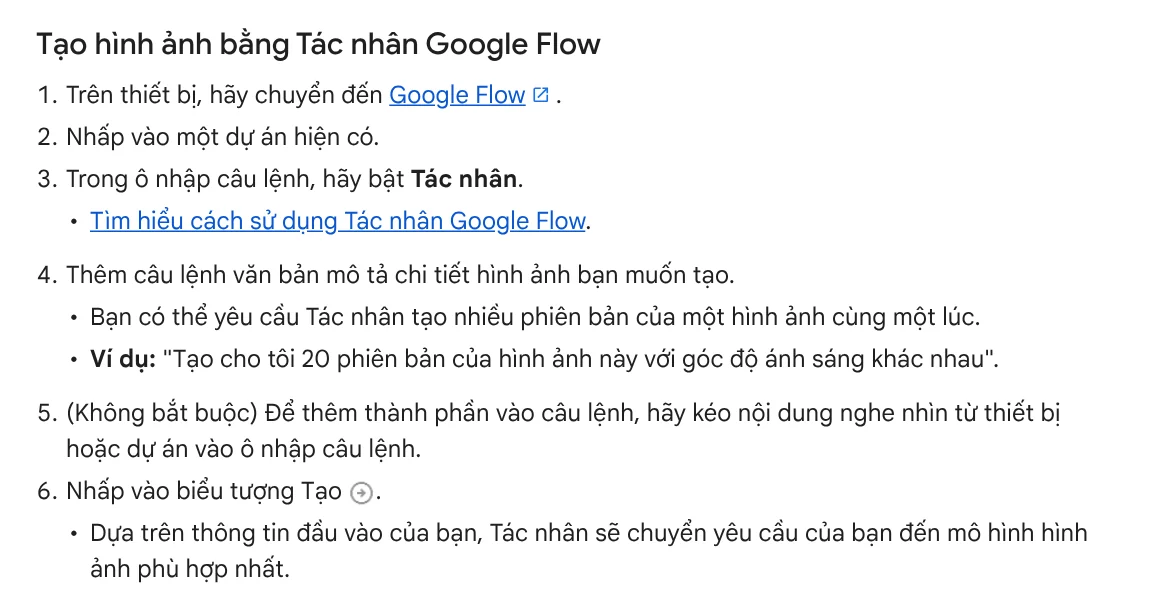 Google Flow help page on creating images with the Agent, with an example of asking for 20 variations with different lighting