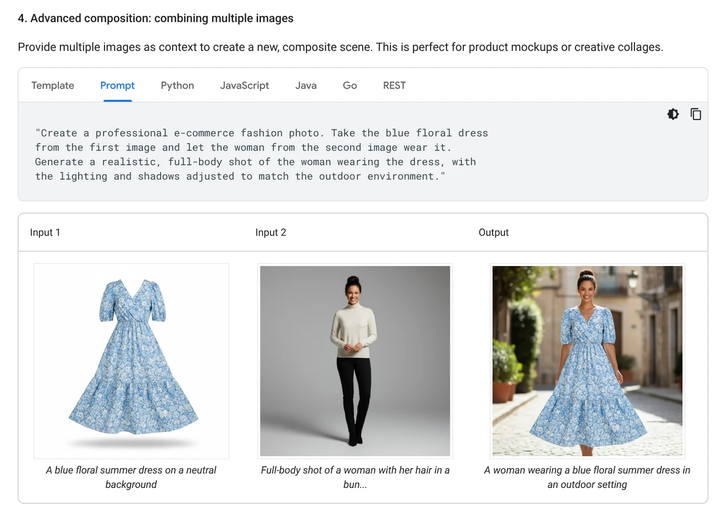 Advanced composition section of the Gemini API docs: a blue floral dress photo combined with a model photo to make an e-commerce fashion image