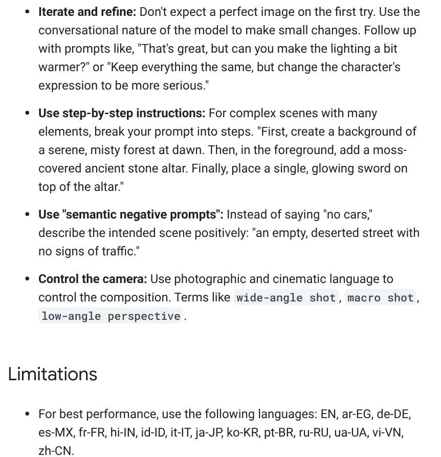 The Best practices section in the Gemini API image generation docs: refine through conversation, break prompts into steps, describe what you want, list of supported languages including vi-VN