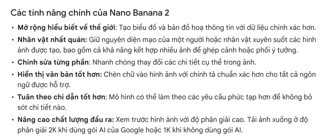 The Nano Banana 2 key features section on the Gemini Help page, with a line about better text rendering and more accurate spelling