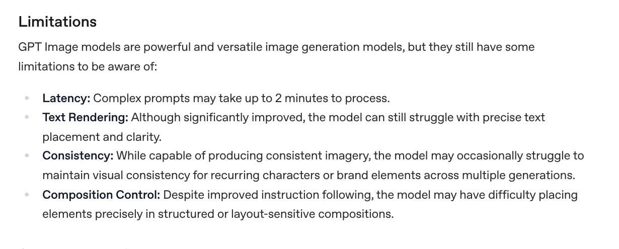 The Limitations section in OpenAI's image generation guide, listing limits on text rendering and layout control