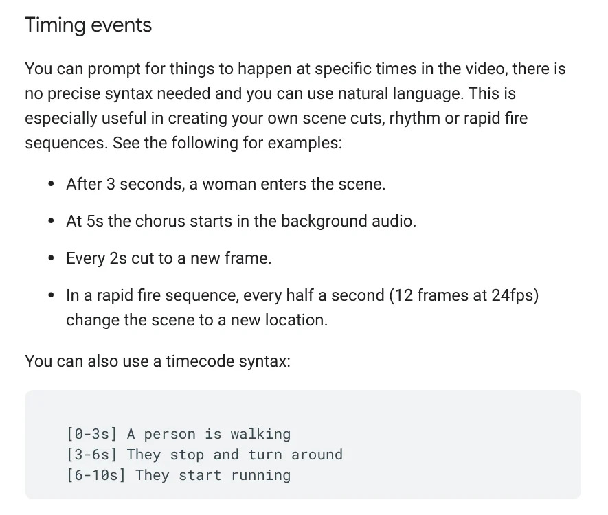 The Timing events section of the Gemini Omni Flash prompt guide, with the example After 3 seconds and the timecode syntax 0-3s A person is walking