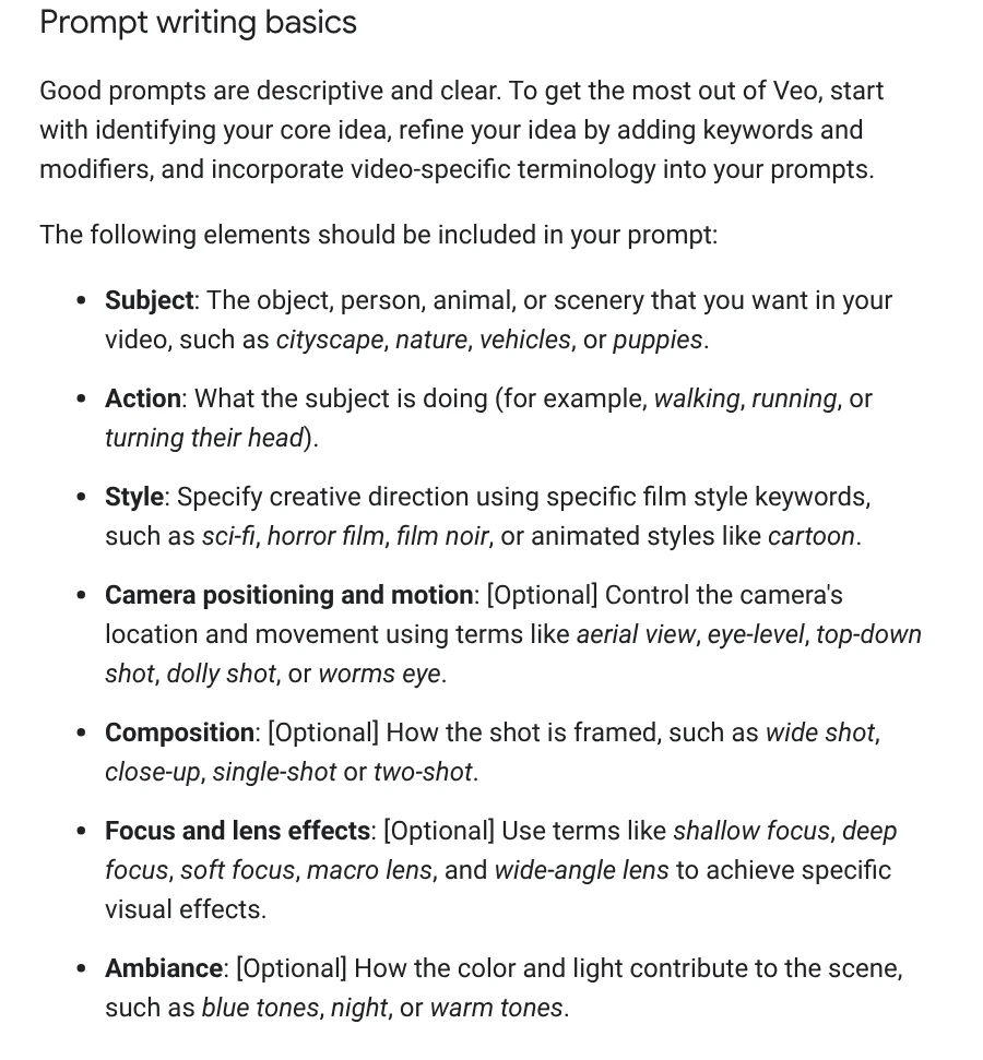 The Prompt writing basics section of the Veo prompt guide: Subject, Action, Style, Camera positioning and motion, Composition, Focus and lens effects, Ambiance