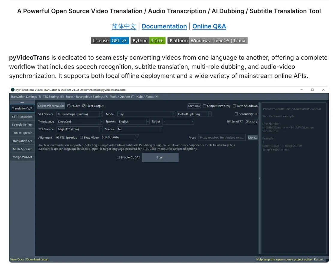 The pyVideoTrans README on GitHub with the GPL v3 license badge and a screenshot of the video translation software