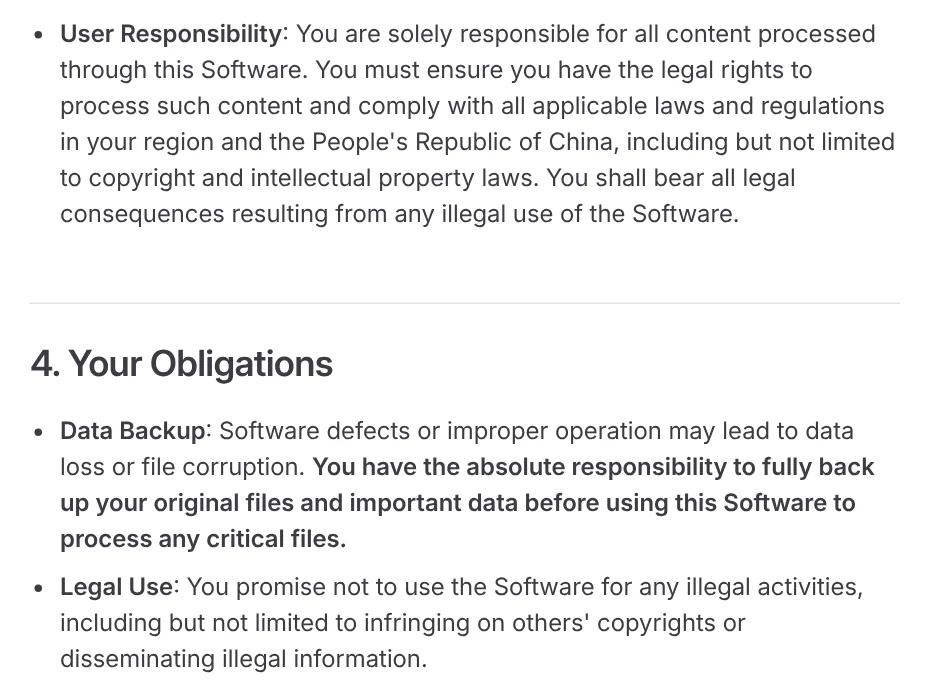 pyVideoTrans terms: users are responsible for having legal rights to the content they put into the software