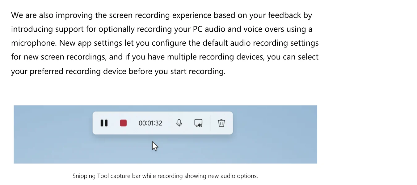 Windows Insider blog post from Aug 31, 2023 announcing optional PC audio and microphone recording, with the capture bar showing a microphone button