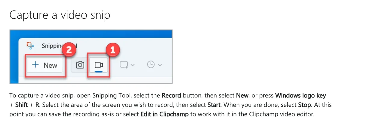 Capture a video snip section on Microsoft Support: open Snipping Tool, select Record, then New, or press Windows + Shift + R