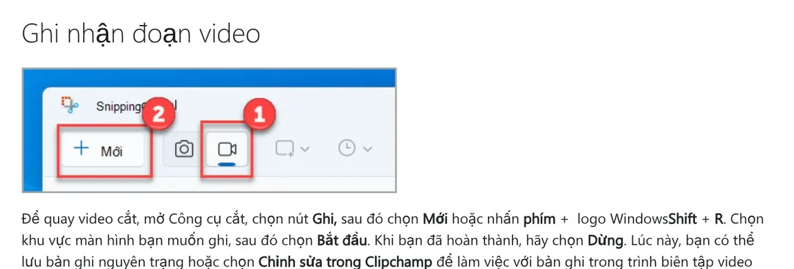 Mục Ghi nhận đoạn video trên trang hỗ trợ Microsoft: mở Công cụ Cắt, chọn Ghi, Mới hoặc nhấn Windows + Shift + R