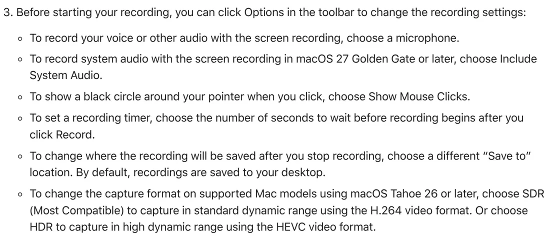 Apple Support list of Mac screen recording options: choose a microphone, Include System Audio in macOS 27 Golden Gate, Save to location