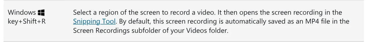 Windows + Shift + R row on Microsoft Support: the recording is saved automatically as an MP4 in the Screen Recordings subfolder of Videos