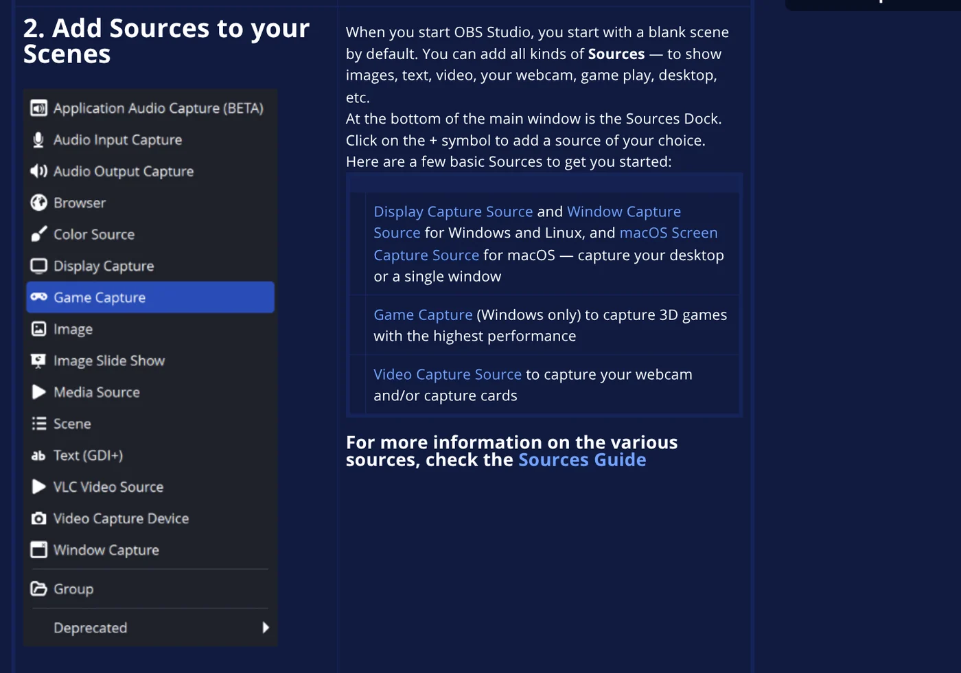 OBS Studio Quick Start Guide section on adding Display Capture and Window Capture sources to record the screen or one window