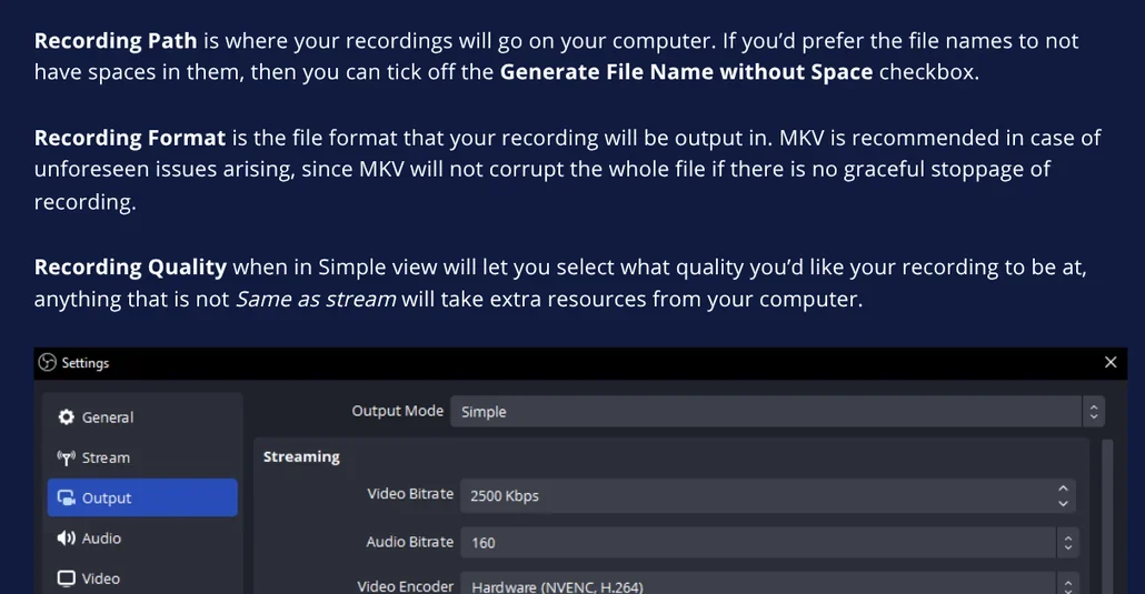 OBS Studio guide explaining that Recording Path is where recordings go and recommending MKV, with the Output tab of the Settings window