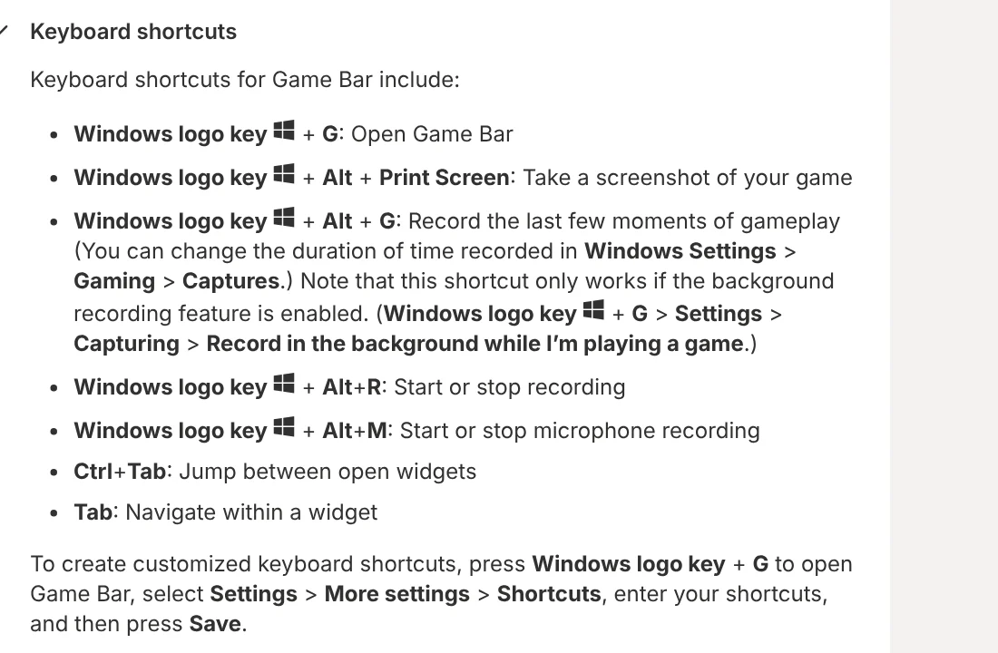 Xbox Game Bar keyboard shortcuts: Windows + G opens Game Bar, Windows + Alt + R starts or stops recording, Windows + Alt + M toggles the microphone