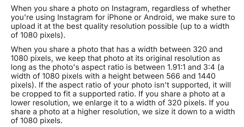 Instagram Help Center page saying photos wider than 1080 pixels are sized down to 1080 and unsupported aspect ratios are cropped
