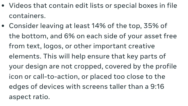 Meta's Instagram Reels ad specs suggest keeping 14% at the top, 35% at the bottom and 6% on each side free of text