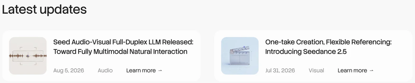 The Latest updates section on the ByteDance Seed site, showing the Seedance 2.5 announcement dated Jul 31, 2026