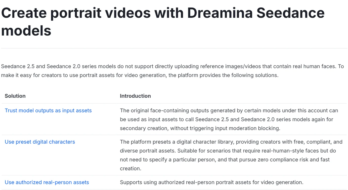BytePlus docs stating Seedance 2.5 and 2.0 do not accept reference images or videos with real human faces, with three alternatives